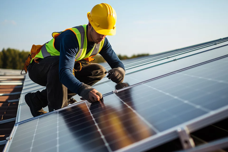 ouvriier travaillant sur un panneau solaire illustrant l'Intégration environnementale en lien avec the positive compagnie