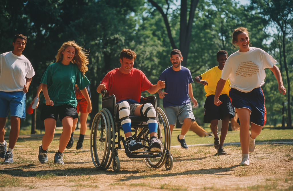 des personnages en situation de handicap qui s'amuse dans l'herbe